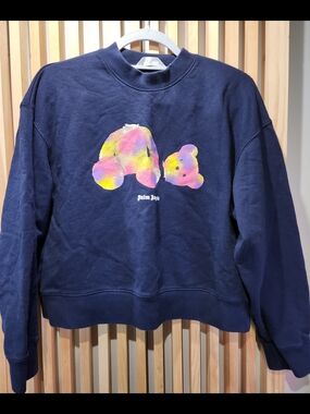 Palm Angels Navy Sweatshirt with Pink Yellow Tie-Dye Bear Graphic